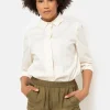 Beige Dames Blouse Met Gefronste Kraag-Terre Bleue Shop