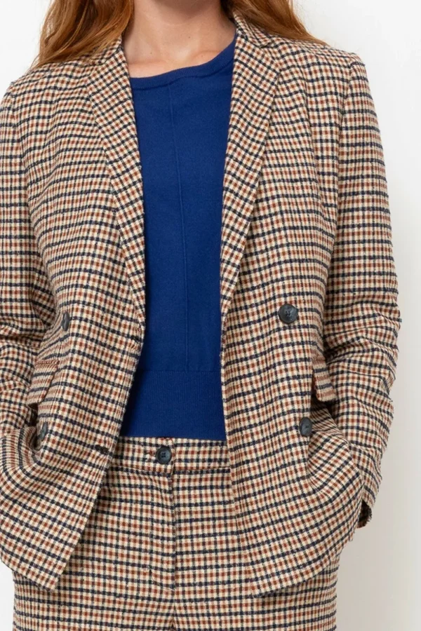 Beige Geruite Double-Breasted Blazer-Terre Bleue New