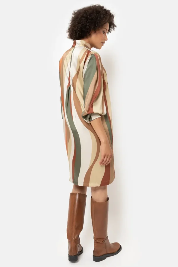 Beige Gestreepte Jurk Met Lange Mouwen-Terre Bleue Flash Sale