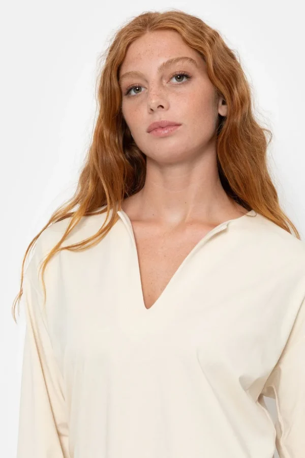 Beige Pull Of Top Met Lange Pofmouwen En V-Hals-Terre Bleue Best