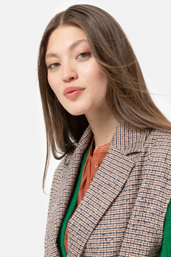 Beige-Bruin Geruite Mouwloze Dames Mantel-Terre Bleue Cheap