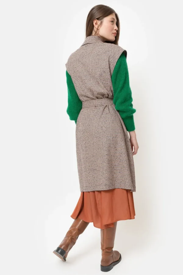 Beige-Bruin Geruite Mouwloze Dames Mantel-Terre Bleue Cheap