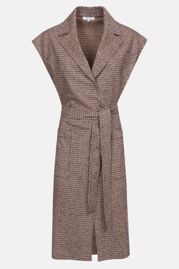 Beige-Bruin Geruite Mouwloze Dames Mantel-Terre Bleue Cheap