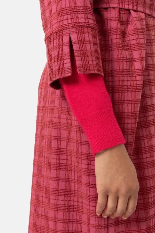 Bordeaux Geruite Jurk Met 3/4 Mouwen En V-Hals-Terre Bleue New