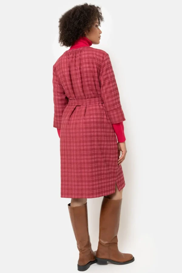 Bordeaux Geruite Jurk Met 3/4 Mouwen En V-Hals-Terre Bleue New