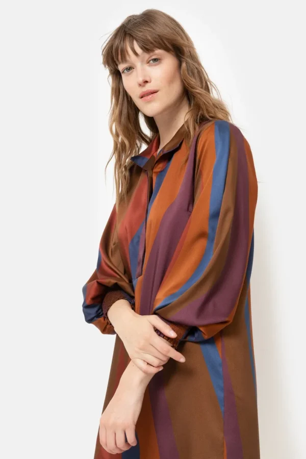 Bruin Gestreepte Jurk Met Lange Mouwen-Terre Bleue Best Sale