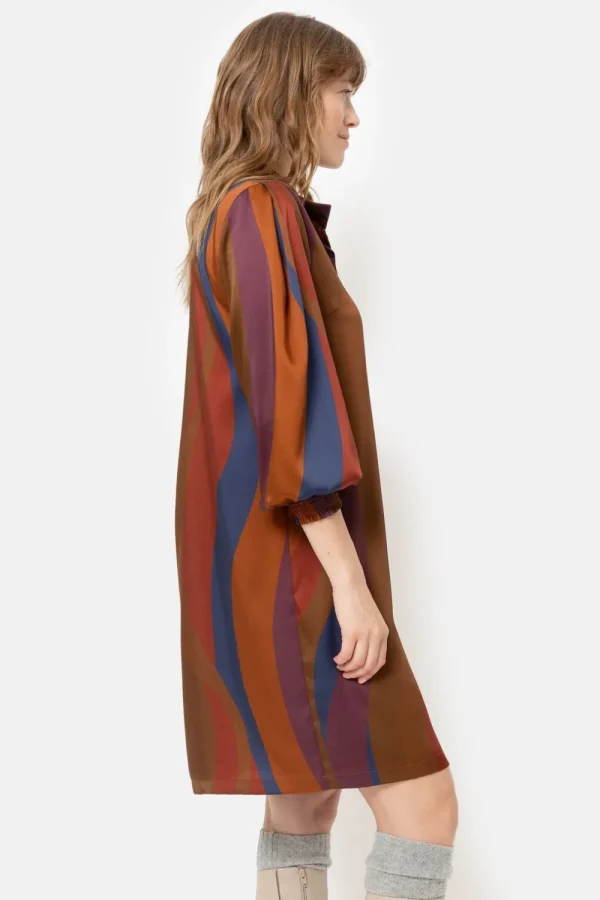 Bruin Gestreepte Jurk Met Lange Mouwen-Terre Bleue Best Sale