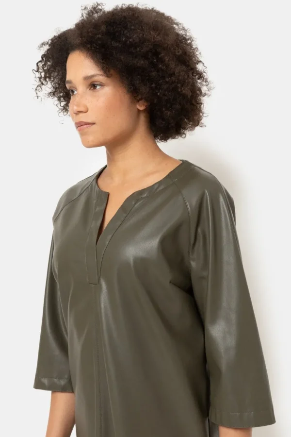 Bruine Jurk Met Lederlook En 3/4 Mouwen-Terre Bleue Best