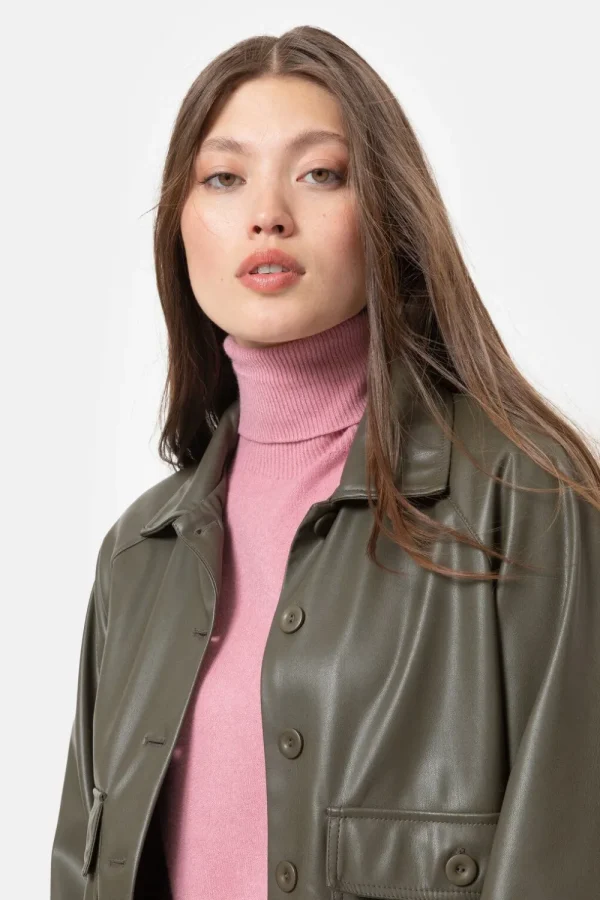 Bruine Korte Faux Leather Jas Voor Dames-Terre Bleue Hot