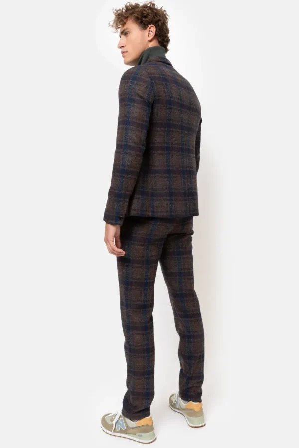 Bruine Slim Fit Heren Chino Met Blauwe Ruiten-Terre Bleue Cheap