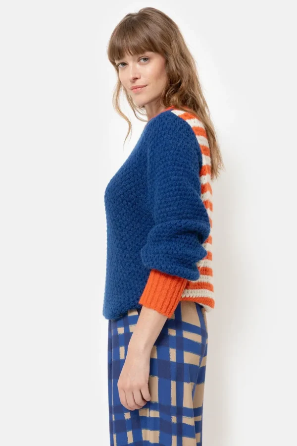 E Effen Pull Met Ecru-Oranje Gestreepte Rug-Terre Bleue Shop