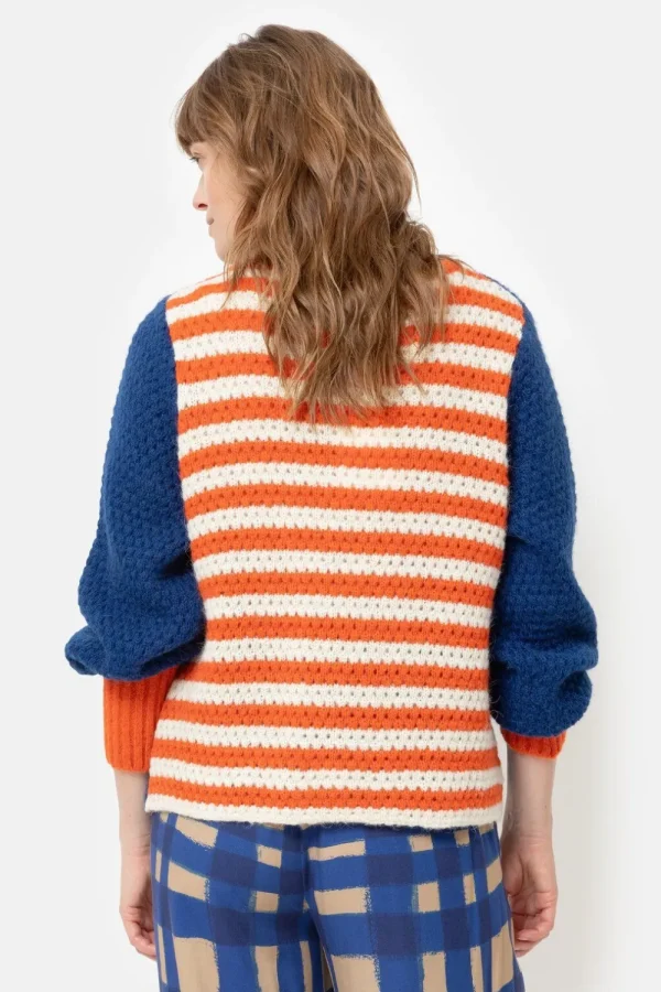 E Effen Pull Met Ecru-Oranje Gestreepte Rug-Terre Bleue Shop