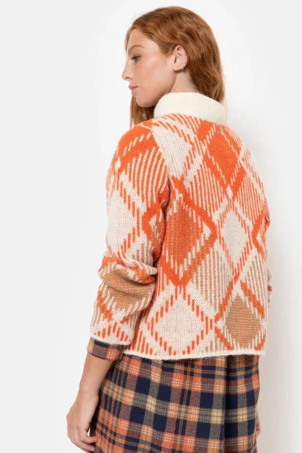 Ecru Geruite Dames Pull Met Hoge Kraag-Terre Bleue Online