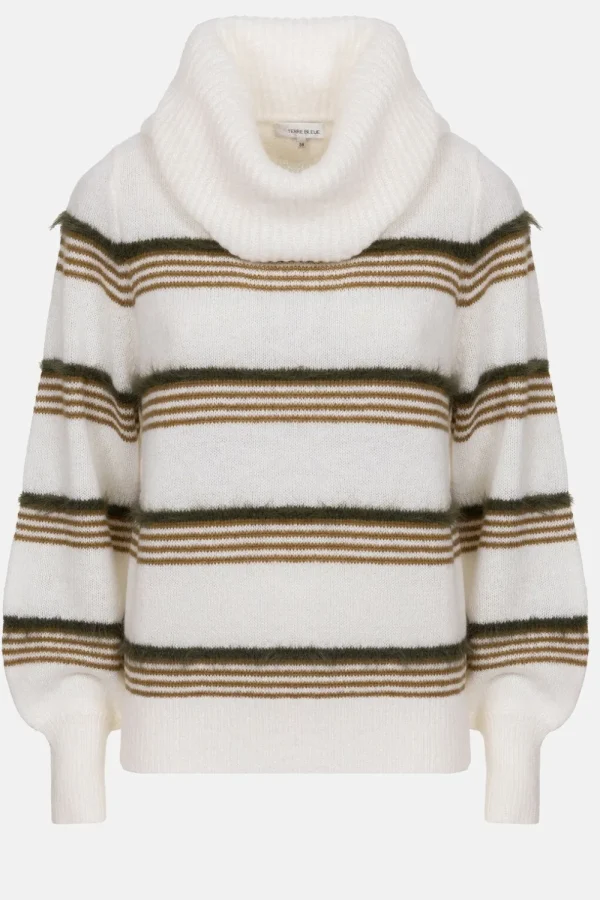 Ecru Pull Met Brede Rolkraag En Strepen-Terre Bleue Store