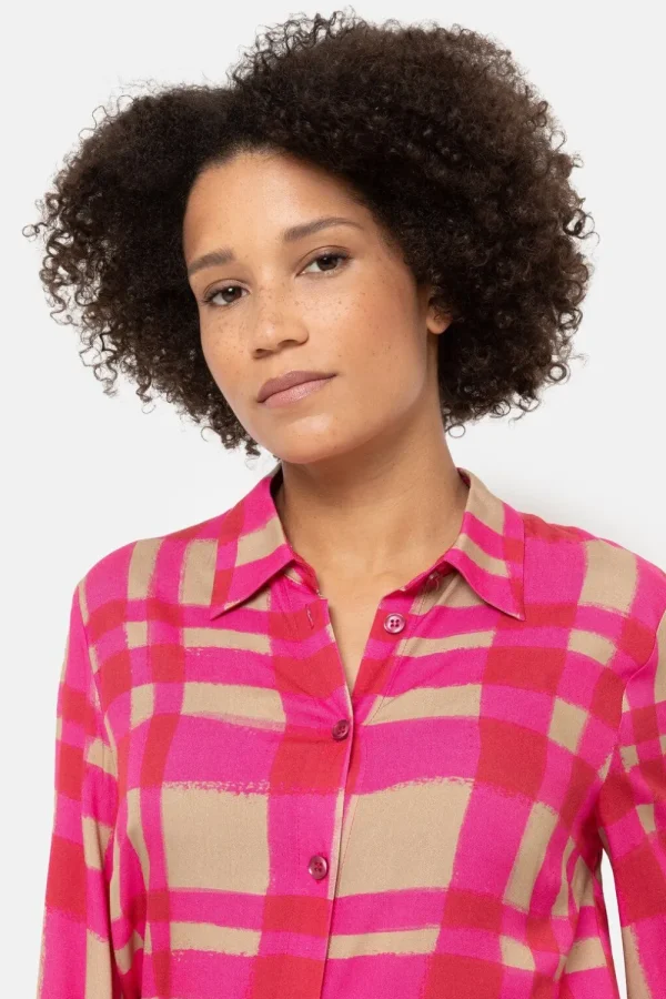 Fuchsia-Bruin Geruite Blouse Met Smock Mouwen-Terre Bleue Sale