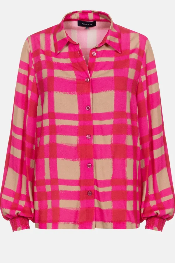 Fuchsia-Bruin Geruite Blouse Met Smock Mouwen-Terre Bleue Sale