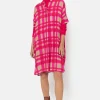 Fuchsia-Bruin Geruite Midi-Jurk Met Korte Mouwen-Terre Bleue Fashion