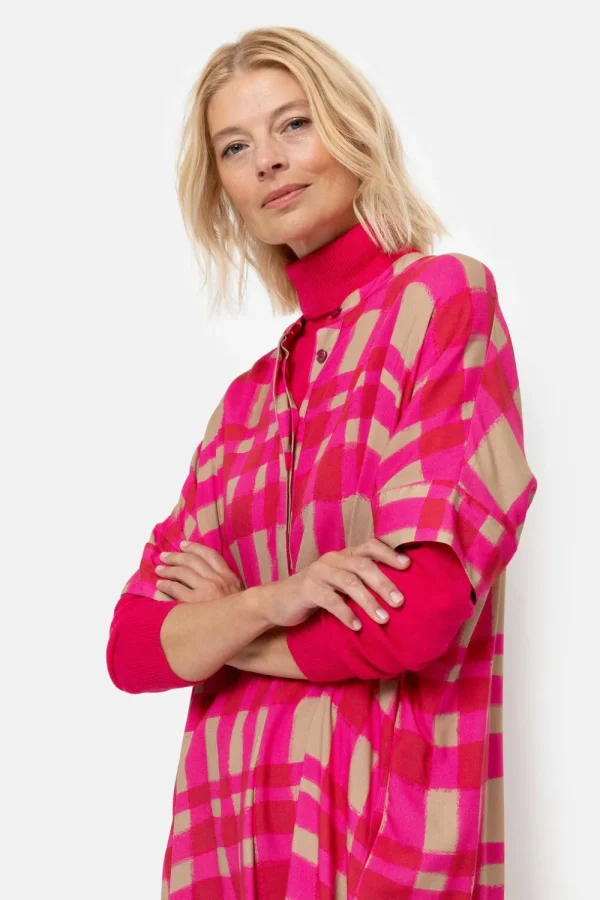 Fuchsia-Bruin Geruite Midi-Jurk Met Korte Mouwen-Terre Bleue Fashion