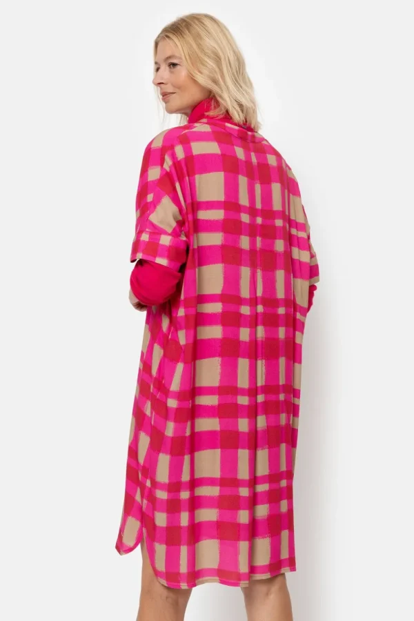 Fuchsia-Bruin Geruite Midi-Jurk Met Korte Mouwen-Terre Bleue Fashion