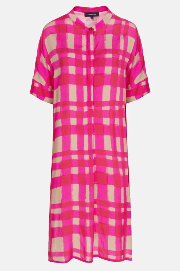 Fuchsia-Bruin Geruite Midi-Jurk Met Korte Mouwen-Terre Bleue Fashion