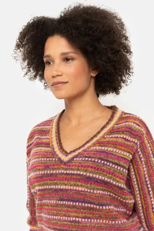 Gestreepte Roze Pull, V-Hals En 3/4 Mouwen-Terre Bleue Best Sale