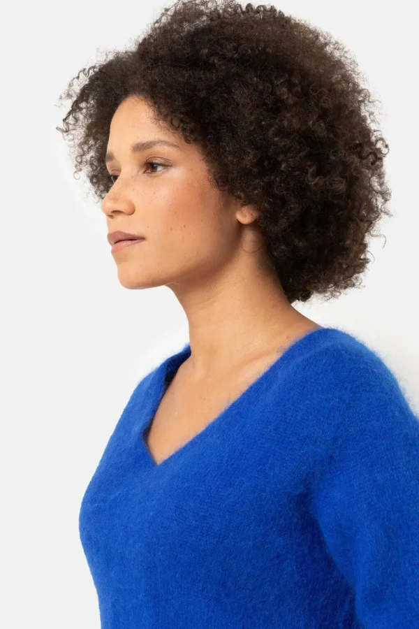 Harige E Pull Met V-Hals En Lange Mouwen-Terre Bleue Cheap