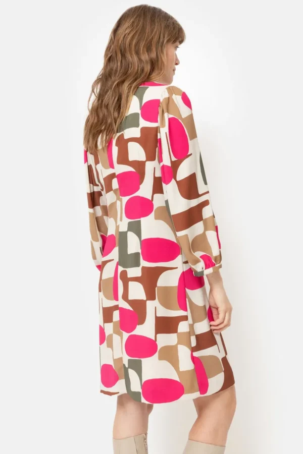 Korte Beige Jurk Met Fuchsia-Bruine Retroprint-Terre Bleue Best