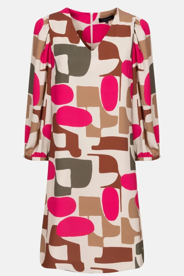 Korte Beige Jurk Met Fuchsia-Bruine Retroprint-Terre Bleue Best
