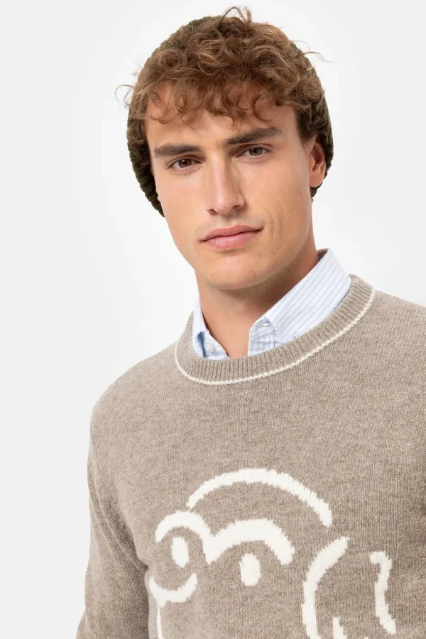 Lichtbruine Trui Met Ronde Hals En Beige Print-Terre Bleue Shop