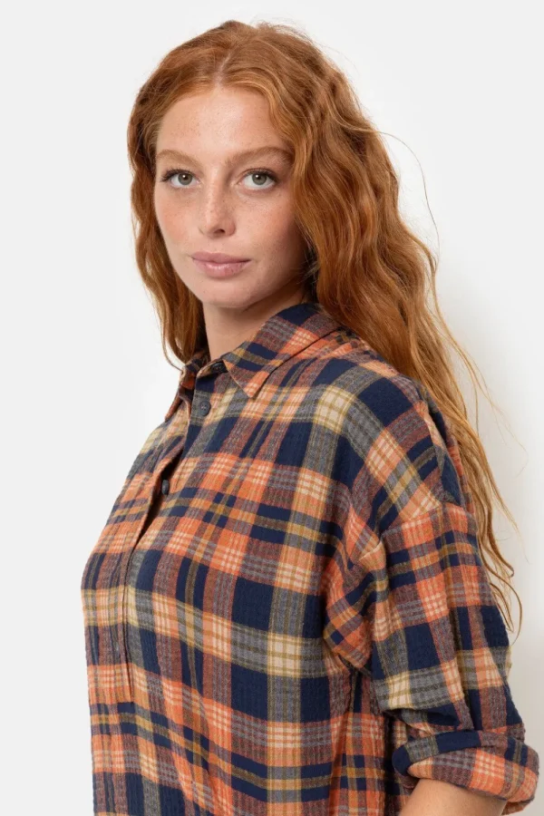 Oranje-Blauw Geruite Hemdjurk Met Lange Mouw-Terre Bleue Best