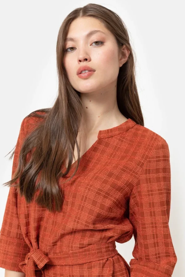 Roestbruin Geruite Jurk Met 3/4 Mouwen En V-Hals-Terre Bleue Cheap