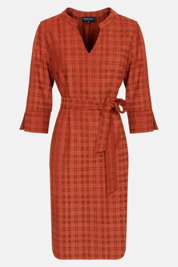 Roestbruin Geruite Jurk Met 3/4 Mouwen En V-Hals-Terre Bleue Cheap